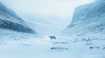 Lone Polar Bear in a Snowy Mountain Valley