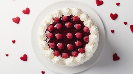 A beautifully decorated cake topped with raspberries and whipped cream, perfect for celebrations.