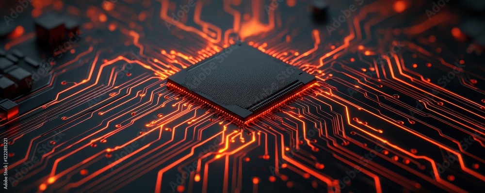 Poster a close-up view of a microchip on a circuit board, illuminated with glowing orange lines, showcasing