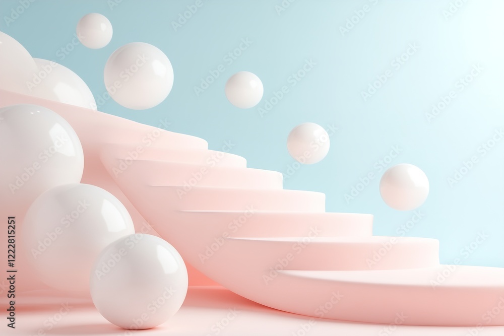 Poster a soft pathway winds through floating spheres in pastel shades, creating a tranquil atmosphere. this