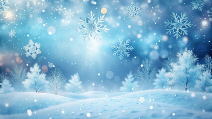 Snowy winter landscape with delicate snowflakes falling gently in a soft blue light, creating a serene and peaceful atmosphere , winter, snowy scene