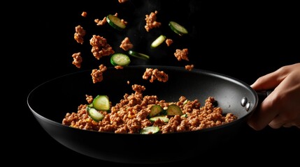 A hand tossing cooked ground meat and cucumber slices in a frying pan against a dark background.