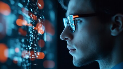 A young man in glasses looks at the screen with data and code. The concept of modern technology, digital transformation, cybersecurity, or big data processing system is displayed. 