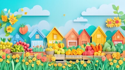 Obraz premium Colorful paper-style houses with vibrant fruits and flowers in a cheerful landscape.