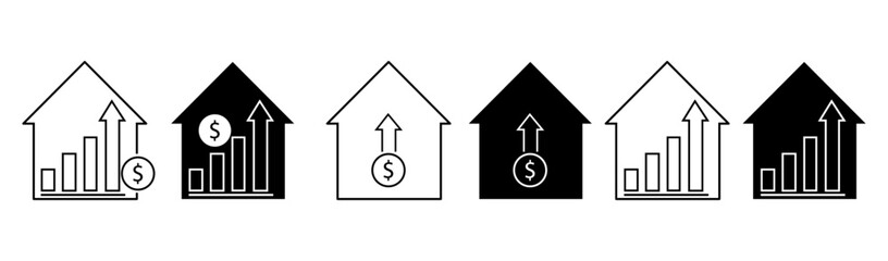 Collection of house investment growth line icons, growing house price icons