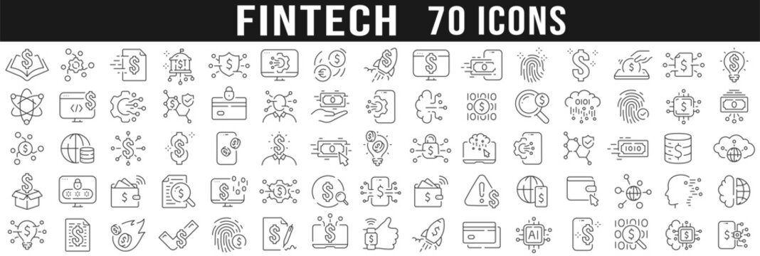 Big set of fintech related line icons. Finance, money, technology etc. Editable stroke