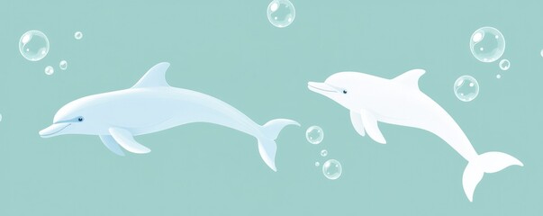 Fototapeta premium Two playful dolphins swimming in a serene underwater environment with bubbles.
