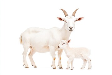 Obraz premium A mother goat and her kid stand together against a white background, showcasing their bond and innocence