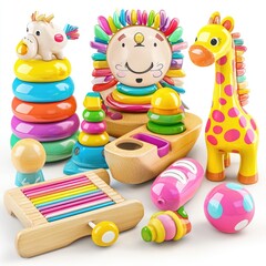 Obraz premium Colorful wooden toys for babies, arranged on white background, for online store product display