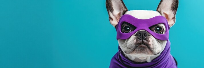 Fototapeta premium A French Bulldog dressed as a superhero with a purple mask and cape against a blue background.
