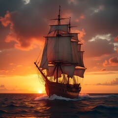 Obraz premium a historic tall ship with full sails billowing captured against a fiery sunset