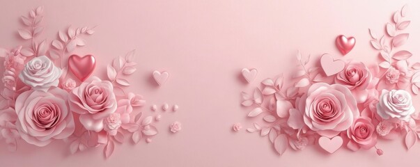 Elegant pink floral arrangement with paper roses and heart decorations on soft background