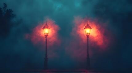 A background of glowing streetlights against a foggy backdrop.