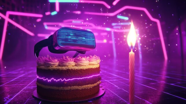 A virtual reality headset rests on a colorful cake beside a lit candle, creating a festive atmosphere.
