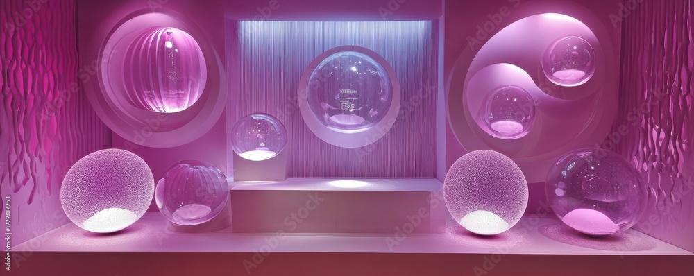 Poster futuristic pink display with spherical glass orbs and abstract patterns