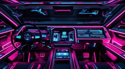 Obraz premium Futuristic Car Interior Neon Lights Dashboard Display