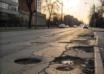 Selbstklebende Fototapeten A city road with multiple potholes scattered across, each with distinct crack patterns, captured during the golden hour. © Yauhen