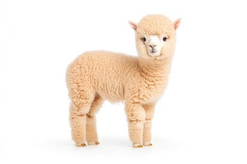 Adorable young alpaca standing gracefully on a clean white background, showcasing its fluffy coat and charm