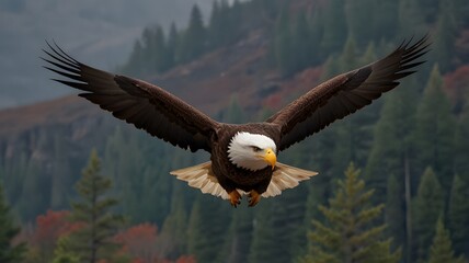 Obraz premium Majestic eagle in flight over a forested landscape during autumn