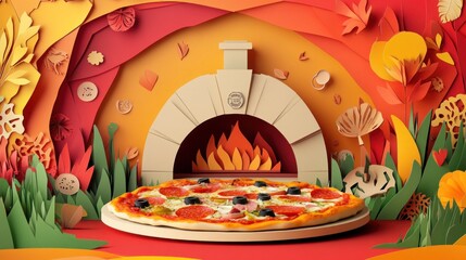 A vibrant paper-cut style illustration of a pizza in front of a wood-fired oven.