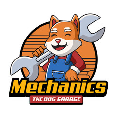 Cute Shiba Inu Dog Mechanic holding Wrench or Spanner Mascot Cartoon Character Illustration