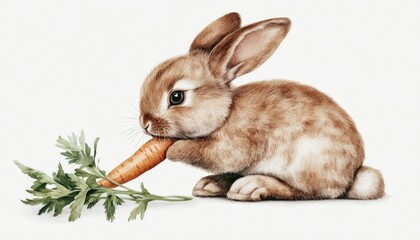 A cute rabbit munching on a fresh carrot surrounded by green leaves in a serene, simple setting