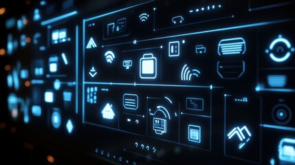 A digital interface displaying various technology-related icons and controls.