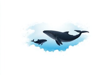 Fototapeta premium Two majestic whales swimming gracefully in the ocean under a bright blue sky with soft clouds