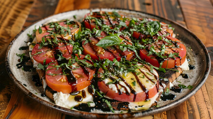 A colorful caprese salad with tomatoes, mozzarella, and basil on a plate.
