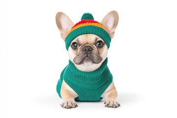 French Bulldog wearing a colorful knitted hat and sweater, posing cutely against a plain white background