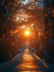 A background of golden light illuminating a quiet street during the golden hour.