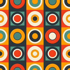 A colorful geometric pattern featuring concentric circles and squares.