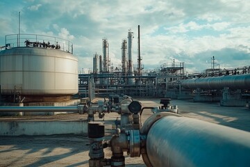 Obraz premium Industrial facility showcases complex network of pipes and storage tanks under a cloudy sky