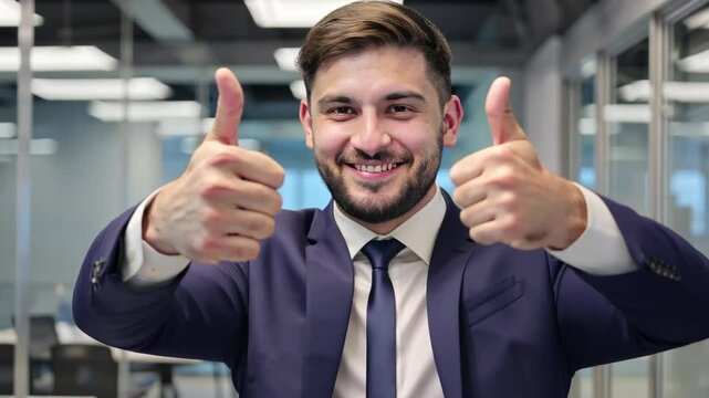 Two Thumbs Up: A confident young businessman in a blue suit beams with success, giving a double thumbs up gesture.  His positive expression speaks volumes about his commitment and achievements.