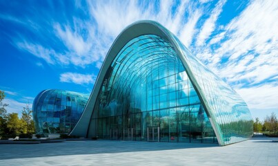 Obraz premium Modern architectural design of a glass building against a vibrant blue sky