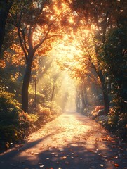 Obraz premium A background of golden light illuminating a quiet street during the golden hour.