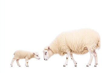 Fototapeta premium A tender moment between a mother sheep and her lamb, showcasing their bond in a serene white background