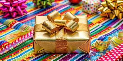 Golden ribbon wrapped around a rectangular gift box with a bow on top, surrounded by colorful wrapping paper and decorative items , gift packaging, decorative items