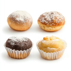 Four delicious pastries, studio shot, white background, food photography, dessert assortment