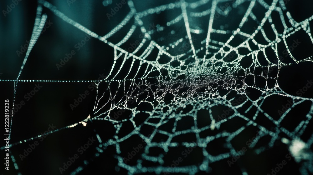 Poster dew drops adorn intricate spiderweb threads
