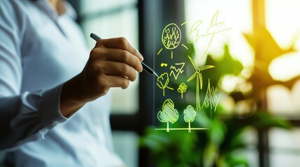 A person sketches eco-friendly concepts like trees and wind energy on a digital screen, symbolizing sustainability and innovation.