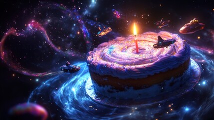 A whimsical cake floats in a cosmic setting, with a glowing candle and spacecraft surrounding it.