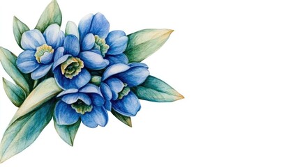 Obraz premium A vibrant bouquet of blue flowers with green leaves, set against a clean white background, ideal for design