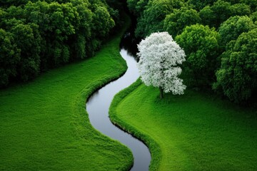 Solitary blossom tree winding green river in lush landscape