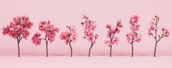 Six cherry blossom branches on pink background