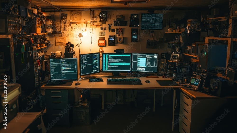Poster cluttered hackers workspace showing multiple monitors and code