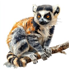 Fototapeta premium A vibrant illustration of a lemur perched on a branch, showcasing its expressive eyes and detailed fur