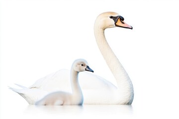 Obraz premium Elegant swan and its cygnet gliding gracefully on a serene water surface, with a soft white backdrop