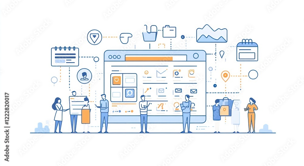 Poster illustration of people interacting with a digital interface, showcasing various functionalities.