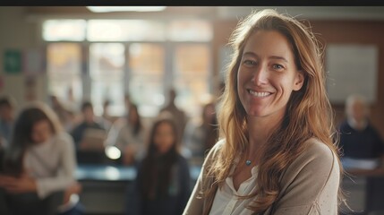 A female teacher stands confidently in front of her classroom, smiling warmly at students during an engaging lesson. The atmosphere is supportive and educational